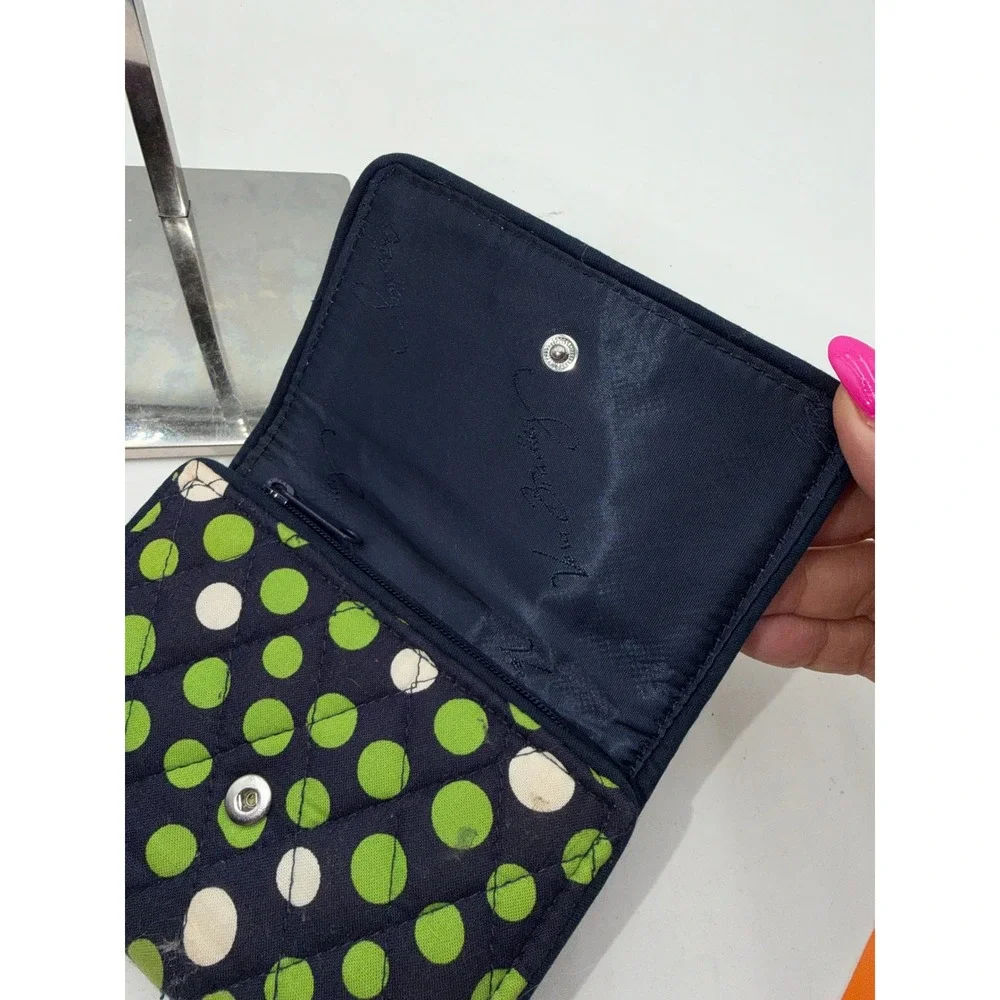 Vera Bradley Trifold Wallet Navy Blue Green Polka Dot Quilted Cotton ID Window